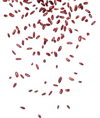 Red Bean flying explosion, red grain beans explode abstract cloud fly. Beautiful complete seed pea bean splash in air, food object design. Selective focus freeze shot white background isolated