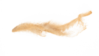 Small size fine Sand flying explosion, Golden grain wave explode. Abstract cloud fly. Yellow colored sand splash silica in Air. White background Isolated high speed shutter, throwing freeze shot