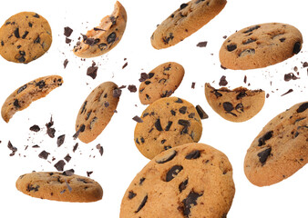 Tasty chocolate chip cookies falling on white background