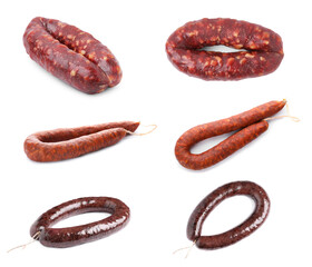 Collage with different delicious sausages on white background, top and side views