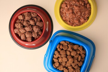 Dry and wet pet food in feeding bowls on beige background, flat lay