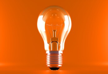 Light bulb on bright with orange background. Minimalist concept, bright idea concept, isolated lamp. 3d render illustration