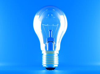 Light bulb on bright with blue background. Minimalist concept, bright idea concept, isolated lamp. 