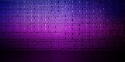 Room with brick wall and wooden floor in neon lights, banner design