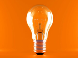 Light bulb on bright with orange background. Minimalist concept, bright idea concept, isolated lamp. 3d render illustration