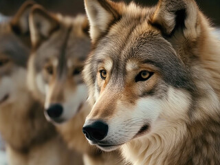 Portrait of a wolf against the background of other wolves, close-up. Generative AI