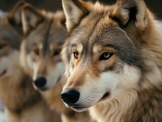 Obraz premium Portrait of a wolf against the background of other wolves, close-up. Generative AI