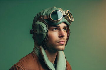 The Pilot's Life: Smiling aviator with glasses and helmet isolated on pine green background with space for text. Copy space. Aviation concept - AI Generative