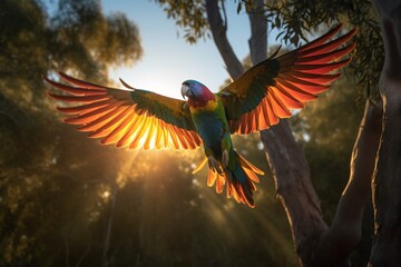 parrot flying in the forest with light exposure