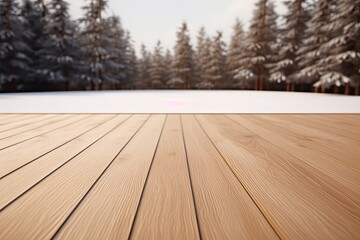 wooden deck in a winter wonderland. Generative AI