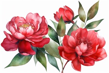 watercolor hand drawn peony flowers isolated on white