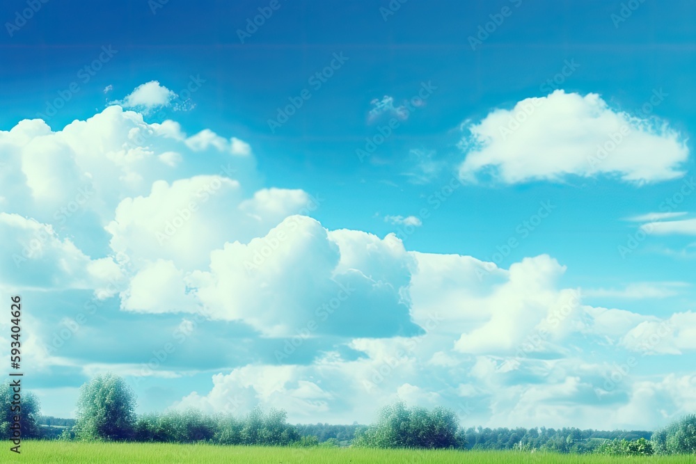 Poster green landscape with trees and clouds in the sky. generative ai
