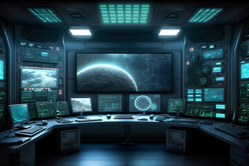 Control room with screens and computers, interior of command center, generative AI - obrazy, fototapety, plakaty