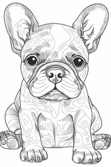 cute french bulldog puppy coloring pages, a printable drawing, in the style of realistic animal portraits, simplified dog figures, monochrome canvases, ai vector illustration