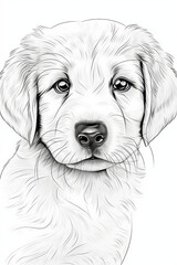 cute golden retriever puppy coloring pages, a printable drawing, in the style of realistic animal portraits, simplified dog figures, monochrome canvases, ai vector illustration