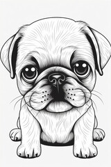 cute pug puppy coloring pages, a printable drawing, in the style of realistic animal portraits, simplified dog figures, monochrome canvases, ai vector illustration