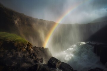 beautiful rainbow over the waterfall