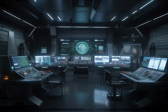 Control room with screens and computers, interior of command center, generative AI