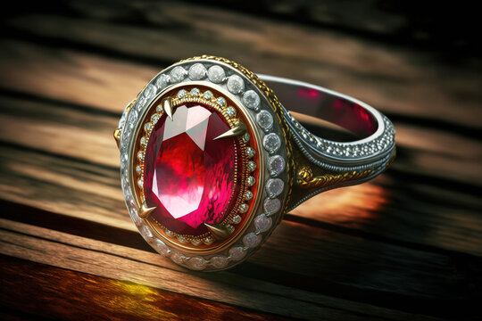Gold ring with ruby and diamonds on old wooden table, generative AI