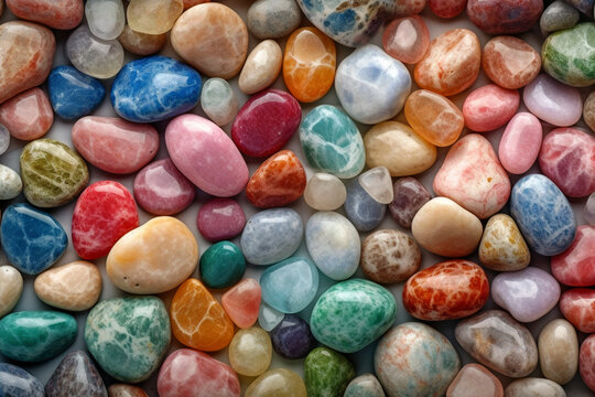Pattern of multicolored smooth stones, gemstones for background, generative AI.