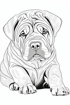 Cute Shar Pei Puppy Coloring Pages, A Printable Drawing, In The Style Of Realistic Animal Portraits, Simplified Dog Figures, Monochrome Canvases, Ai Vector Illustration