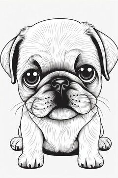 Cute Pug Puppy Coloring Pages, A Printable Drawing, In The Style Of Realistic Animal Portraits, Simplified Dog Figures, Monochrome Canvases, Ai Vector Illustration