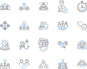Management coworkers outline icons collection. Cooperation, Collaboration, Teamwork, Relationships, Motivation, Communication, Efficiency vector and illustration concept set. Productivity, Respect