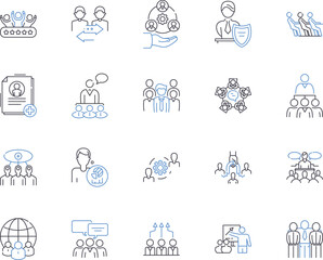Management office outline icons collection. Office, Management, Administration, Business, Supervision, Coordination, Direction vector and illustration concept set. Executives, Personnel, Lead linear