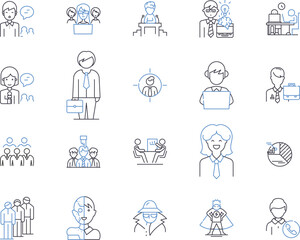 Fototapeta premium Office job outline icons collection. Office, Job, Administrative, Clerk, Manager, Secretary, Assistant vector and illustration concept set. Human, Resources, Analyst linear signs