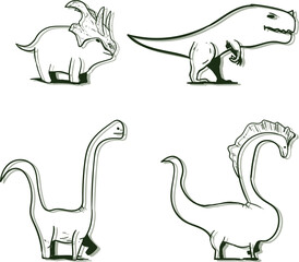 Set of different dinosaurs. Among them are diplodocus, brontosaurus, terranosaurus and a horned dinosaur.