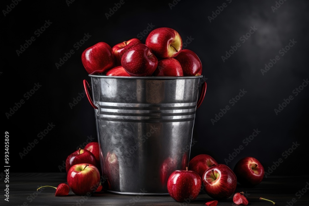 Poster metal bucket filled with fresh and ripe red apples on a rustic wooden table. generative ai