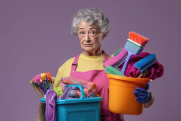 Home Tasks. Efficient Cleaning Service. Lazy Professional cleaning lady with supplies on a pastel background. Copy space. Hygiene concept AI Generative - obrazy, fototapety, plakaty