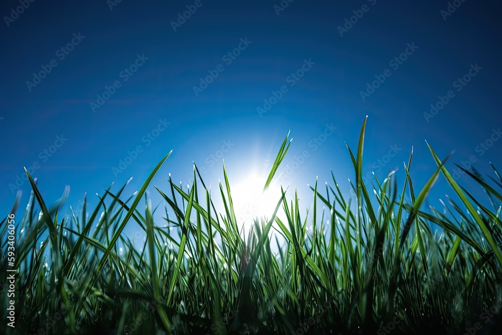 Aufkleber sun rays shining through a field of green grass. generative ai