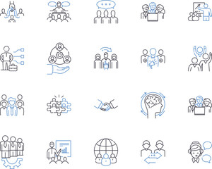 Teambuilding basics outline icons collection. Teamwork, communication, collaboration, trust, respect, leadership, negotiation vector and illustration concept set. planning, delegation, problem-solving