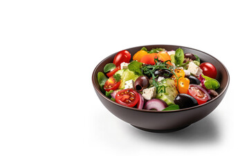 The Mediterranean Cuisine. Flavors of a freshly made Greek salad, packed with healthy vegetables, feta cheese, olives, cucumber, tomato.  Vegetarian and diet-friendly concept. Copy Space AI Generative