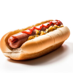  Classic American Snack. Enjoy a freshly hot dog with ketchup and mustard, isolated on a white background. Fast food and snack concept. Copy Space. AI Generative