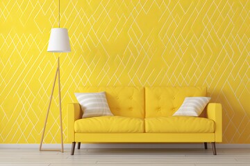 sunny yellow living room with a cozy couch against a matching yellow wall. Generative AI