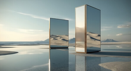 Two rectangular boxes with mirror as conceptual minimalist sculpture with serene oceanic vistas
