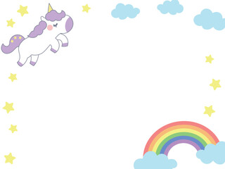 虹とカラフルなかわいいユニコーンのフレーム背景素材