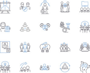 Fototapeta premium Corporate teambuilding outline icons collection. Corporate, Teambuilding, Retreat, Exercise, Building, Recreational, Activity vector and illustration concept set. Networking, Huddle, Workshop linear