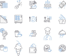 Cafe culture outline icons collection. Cafe, Culture, Dining, Relaxing, Socialising, Gathering, Cuisine vector and illustration concept set. Atmosphere, Coffee, Tea linear signs