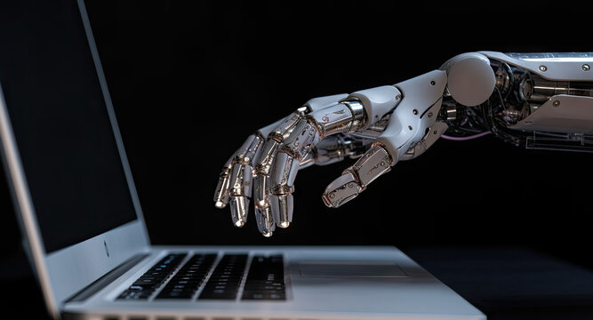 One arm of an artificial intelligence hand Infront of a laptop computer with dark background
