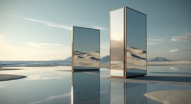 Two rectangular boxes with mirror as conceptual minimalist sculpture with serene oceanic vistas