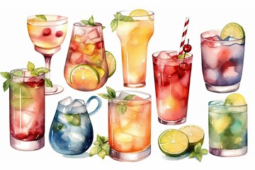 Watercolor illustration of drinks and cocktails collection on white background. Generative AI