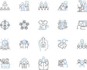Fototapeta premium Team cooperation outline icons collection. Collaboration, Synergy, Unite, Together, Communicate, Cooperate, Network vector and illustration concept set. Bond, Integrate, Coordinate linear signs