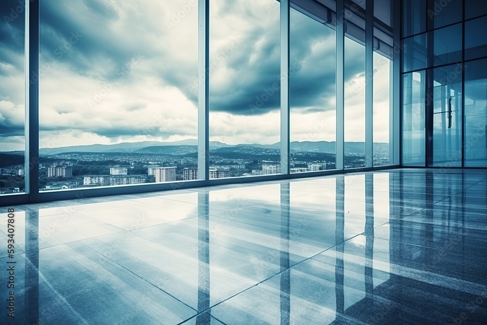 Poster an empty room with panoramic city views from large windows. generative ai