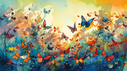Fototapeta na wymiar lively scene featuring array vibrant field butterflies bright sky background happy color ink bursts cold palate destroyed nature gentle harmonic cute flutter, generative ai