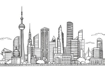 monochromatic cityscape with tall buildings and bustling streets. Generative AI