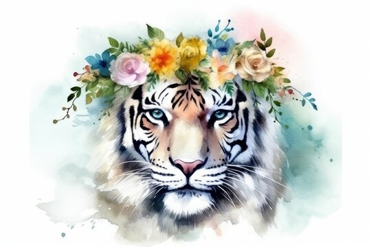 majestic tiger wearing a colorful flower crown on its head. Generative AI