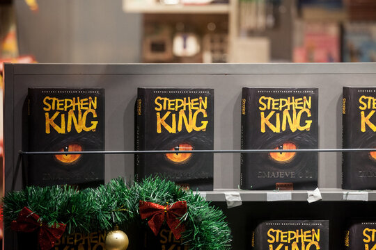 BELGRADE, SERBIA - NOVEMBER 15, 2020: Stephen King new novel, The eyes of the dragon, in Serbian language (Zmajevi Oci), for sale in a bookstore. Stephen King is an american novelist.